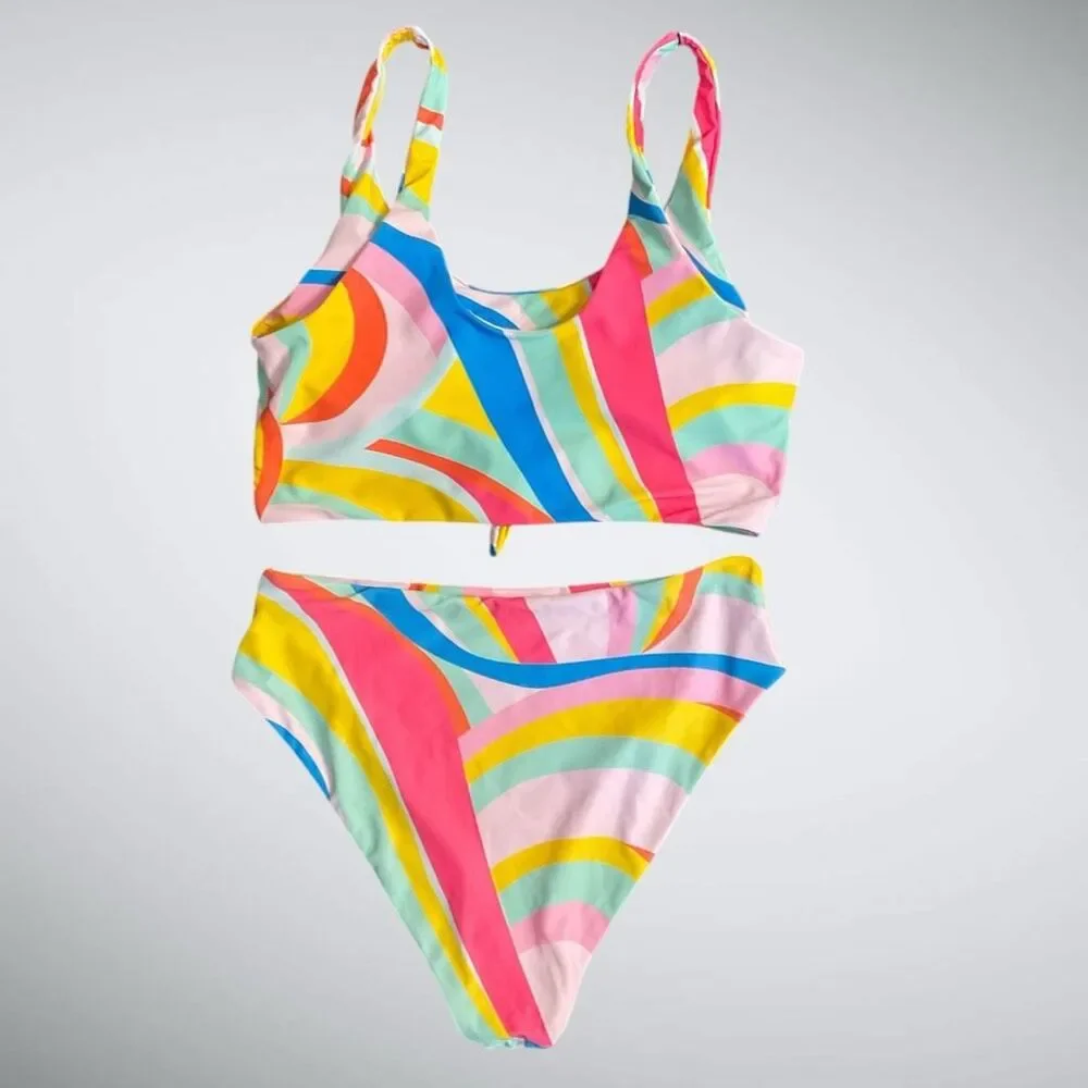 New Womens Zaful Two Piece High Waisted Tankini Bikini Swimsuit Multicolor -L(8)